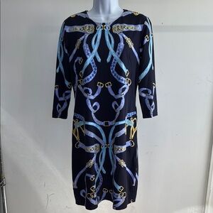 J. McLaughlin Sophia, Blue Dress with Gold Accents size Medium